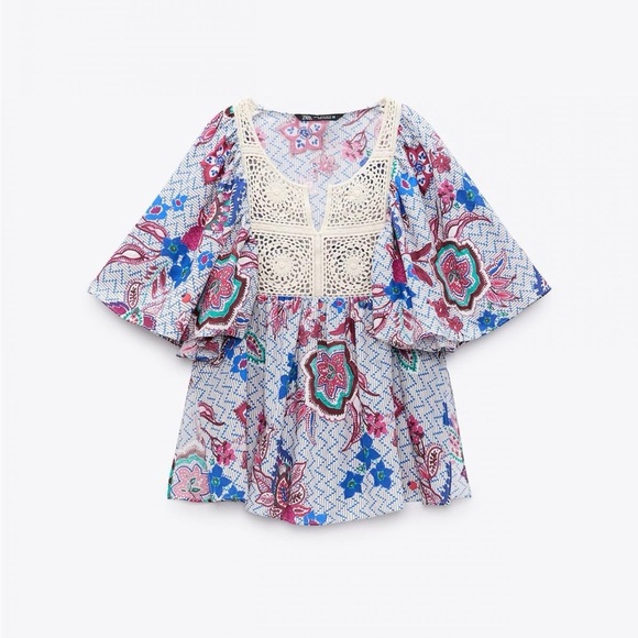 ZARA Woman | CROCHET DETAIL SHIRT Multicolor w/Long Slit Bohemian Lightweight M - Picture 6 of 15